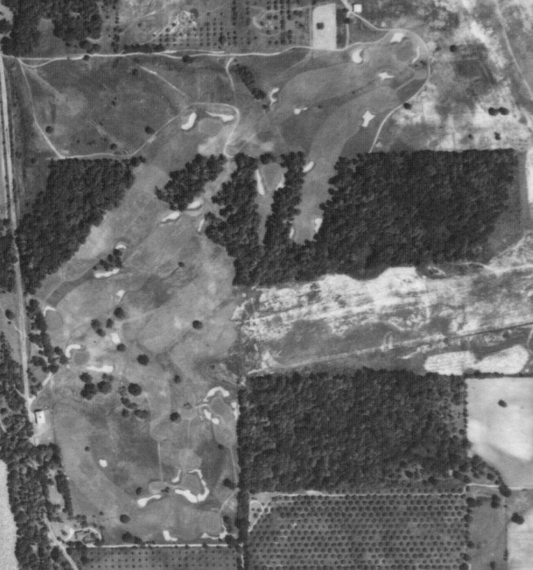 This 1939 aerial served as the bench mark for the Weed restoration. The dogleg left 1st is seen in the lower left of the photograph, followed by the two heavily bunkered one shotters in opposite directions, the great dogleg left 4th, then up to the 5th. The 6th is in the top right of the photograph while the 7th heads into the property's wooded portion. The 8th is the sole hole played entirely in trees and the 9th emerges from the forest and provides a roller-coaster finish across two valleys. 