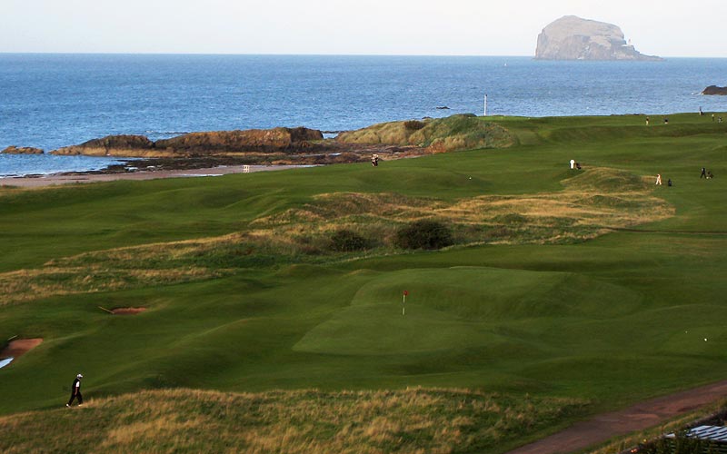 The fabulous landscape of North Berwick with its one-of-a-kind sixteenth green seen in the bottom middle.