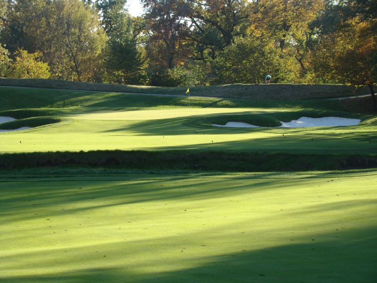 Similar to the photo of the fourth fairway above (which is in the most densely forested portion of the property), look at how the twelfth green is swathed in sunlight. Pre 2003 U.S. Open, too many trees prevented proper conditions for such healthy turf. Though the soil is heavy, when nature cooperates, MacKenzie can give the members the green grass they cherish while giving an organization like the U.S.G.A. fast and firm.
