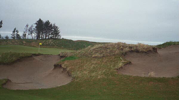 A ball that carries just over these bunkers bounces onto the 2nd green at Pacific Dunes.