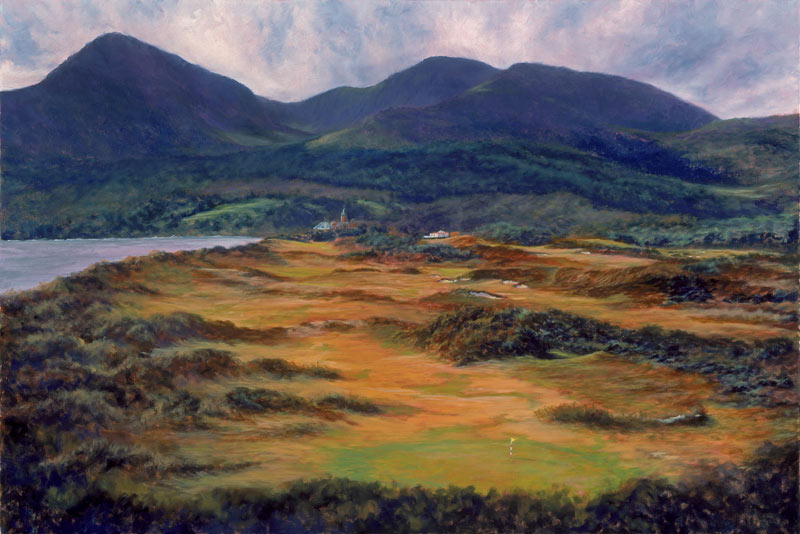 A recent painting of Royal County Down as seen from behind the third green.