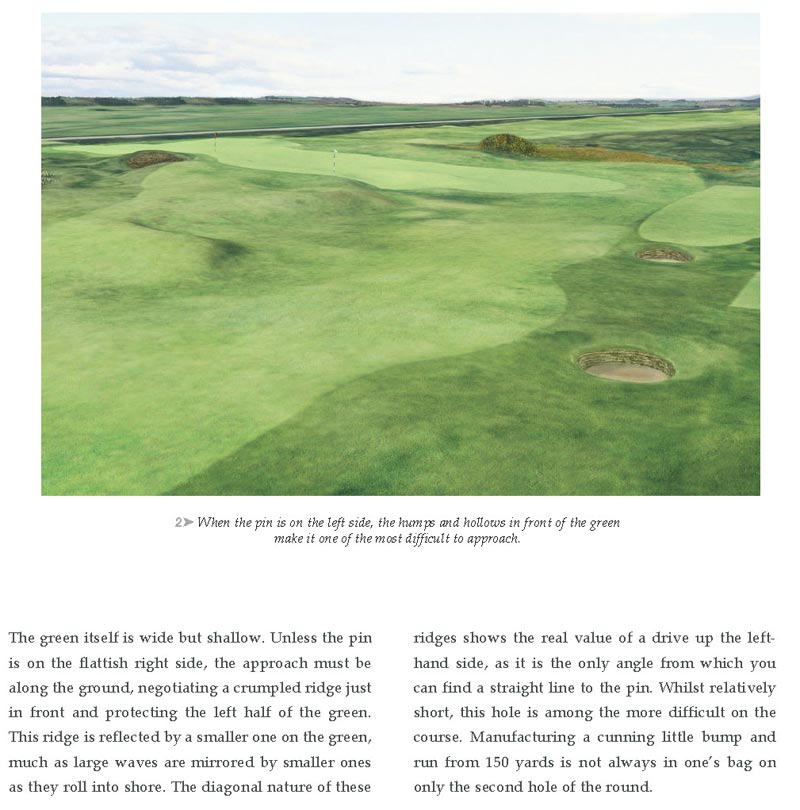 An excerpt from Experience The Old Course describing what to expect while playing the 2nd green complex.