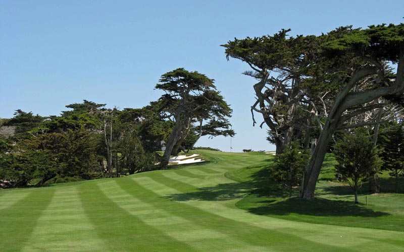 The eighteenth at Cypress Point Club is a short par four that doglegs right past cypress trees to an uphill green. Though not a typical finishing hole, it is by no means weak either.