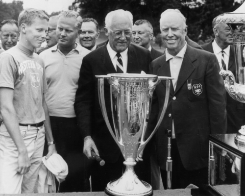 ...with each winning once. Chick Evans (the man on the right in the WGA jacket crest) presented Nicklaus with the trophy some 67 years after his own Western Open victory at Beverly.