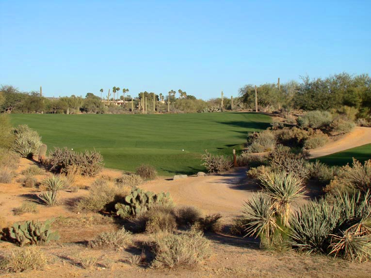 The tee ball at the first is typical of what one can expect at Desert Forest: A short forced carry that is of little concern with the real trouble being found left and right of the fairway. In this case, the fairway bends 80 degrees to the right so the golfer weighs a three wood straight or perhaps a driver to bite off a bit of the dogleg. Either way, he is unlikely to see where his ball lands as Lawrence was loath to touch the rolls found throughout the desert floor.
