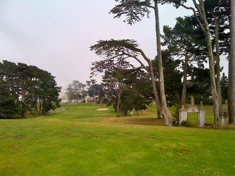 A pushed tee shot faces interference not only from trees, but also from this old monument just a few steps off the fairway.