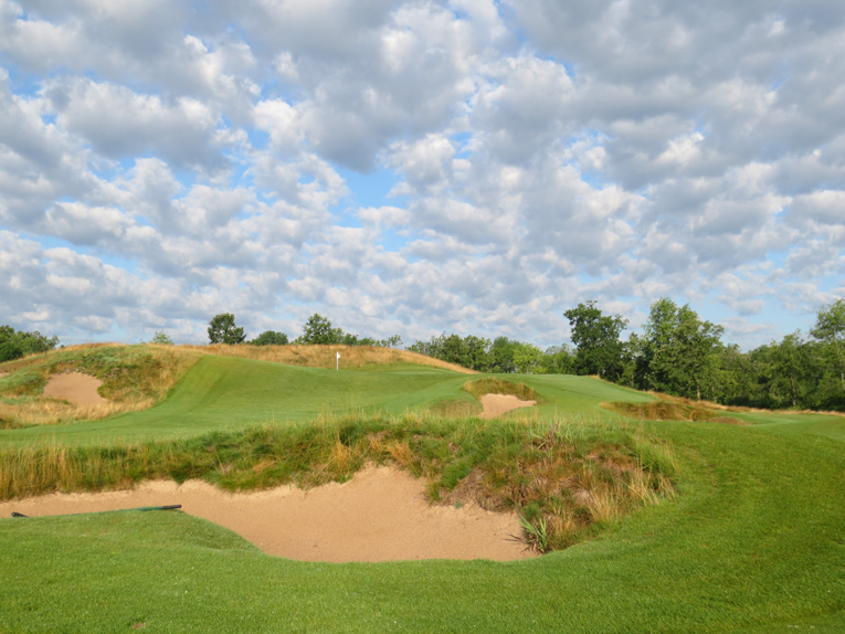 When he was one up, Patrick Cantlay hit 8-iron into this bunker from the forward tee on the 33rd hole of the final of the 2011 U.S. Amateur, made 5, and lost the hole (as well as the sixteenth and the match).