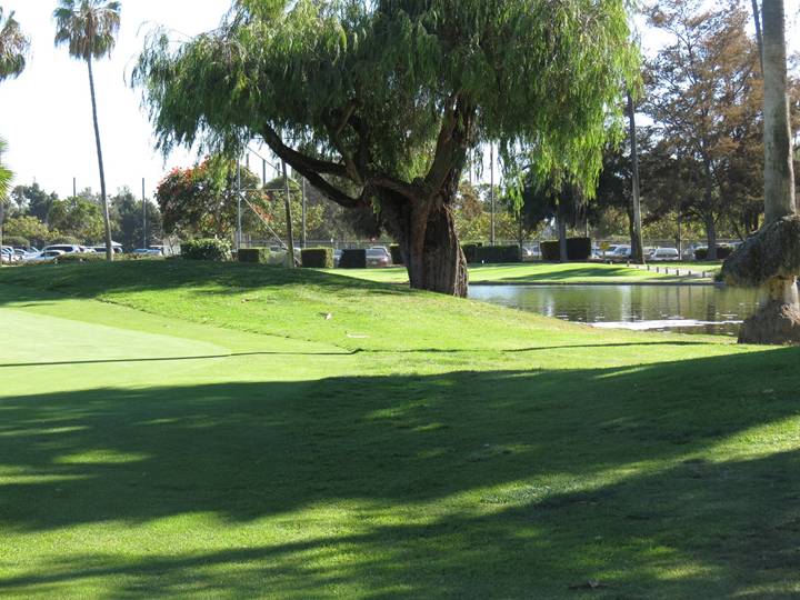 Not apparent from the fairway, the lake to the right of the eighth green is well-hidden from view on one’s second shot thanks to mounding and the large tree.