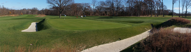 This panoramic view captures the unique nature of the fourth's green complex. Surrounded on all sides by bunkers, this surely could be considered one of the first 'island' greens. Nothing remotely close to such a manufactured green complex was being done prior to 1900. 