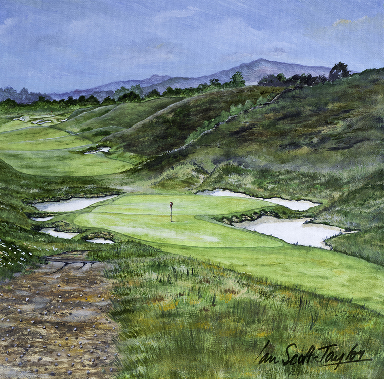 Artist Ian Scott-Taylor captures the famous Duel Hole in the foreground with the 8th hole at SFGC beyond.