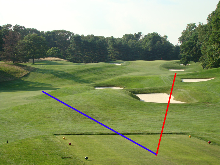 Every golfer hits somewhere between the two lines as seen above. The blue is the safe path off the tee to the lower left fairway while the red one is the riskier from the tee but offers future rewards.
