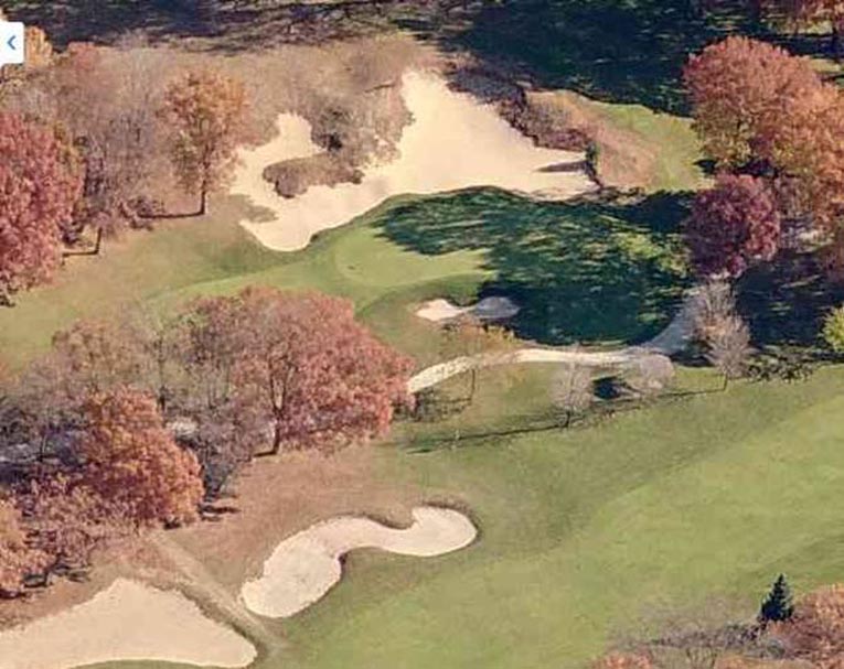 Eighth green with original Alison dune bunker, the fourth fairway passes below Bing Maps 