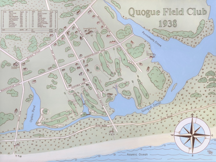 “Quogue Field Club 1938,” by Mark Ruddy (Courtesy of Chester Murray). Although the numbering of the Bendelow nine (the front in Ruddy’s painting) changed a few times after the Hepburn nine opened for play in 1922, Bendelow’s routing has remained largely the same, the sequencing has not changed at all, and the numbering has reverted to the original. In 1901, as now, the 1st hole (the 7th in Ruddy’s painting) left from the clubhouse, while the 9th hole (the 6th in Ruddy’s painting) returned to it.